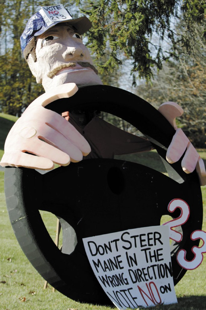 HE WAS RIGHT: A large lawn ornament regarding gaming questions in Tuesday’s election is displayed in Biddeford. For the eighth time in 11 years, Maine voters were asked to consider ballot questions on gambling. The questions lost.