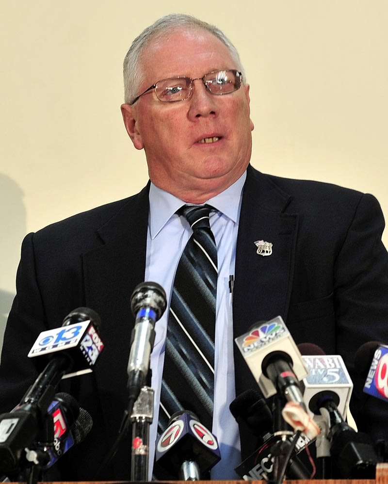 ONGOING: Waterville Police Chief Joe Massey at a press conference on Tuesday on the continuing investigation of Ayla Reynolds. Massey said the investigation is still considered a missing person and that 75 law enforcement officers from various agencies are still actively seeking the 20-month-old girl who was reported missing Saturday.