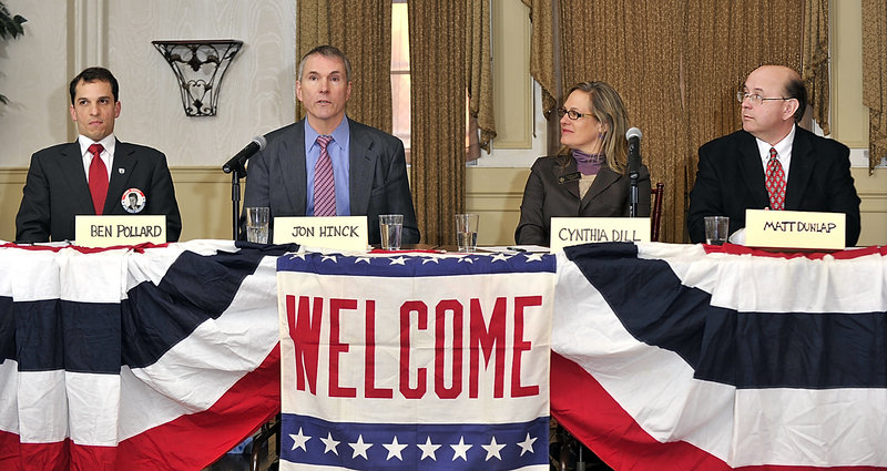 Democratic candidates for U.S. Senate Ben Pollard, Jon Hinck, Cynthia Dill and Matt Dunlap debate at the Portland Club on Saturday.