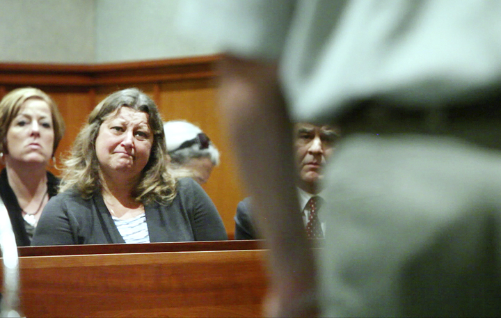 Lisa Kolofsky listens to William Briggs as he addresses her directly during a plea change hearing at Cumberland County Superior Court in Portland today. Briggs pleaded guilty to killing Peter Kolofsky, Lisa's husband, in a hunting accident in Sebago in 2011.