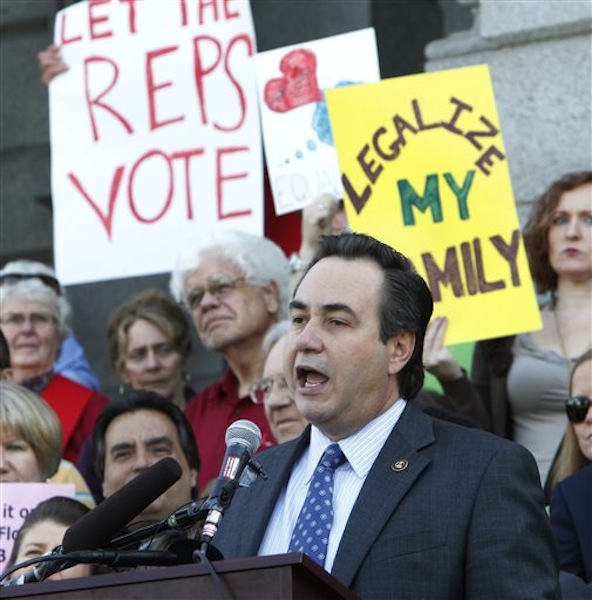 Openly gay Sen. Pat Steadman, D-Denver, speaks at a rally supporting Civil Unions at the Capitol in Denver on May 14, 2012. (AP Photo/Ed Andrieski)