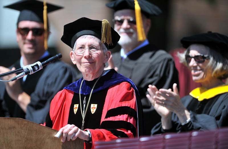 Staff Photo by Michael G. Seamans UMF President Theodora Kalikow smiles as her 18 years as UMF President are recognized during Commencement ceremonies at University of Maine at Farmington Saturday. Kalikow is retiring this year.