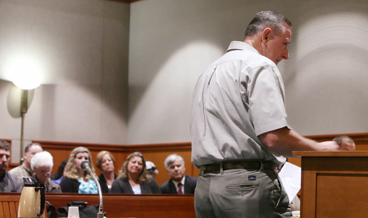 At Cumberland County Superior Court in Portland today, William Briggs turns to address Lisa Kolofsky, the widow of Peter Kolofsky, who was killed by Briggs during a hunting accident in Sebago in November of 2011.