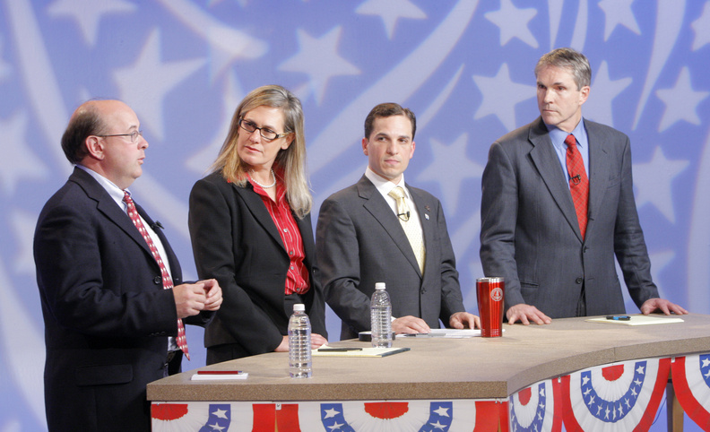 Democratic candidates for U.S. Senate, from left, Matt Dunlap, Maine Sen. Cynthia Dill, Benjamin Pollard and Maine Rep. Jon Hinck participate in a debate at WGME studios in Portland today.