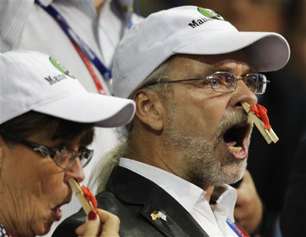 Delegates from the state of Maine protest during the presentation of rules during the Republican National Convention in Tampa, Fla., on Tuesday, Aug. 28, 2012. (AP Photo/Lynne Sladky)