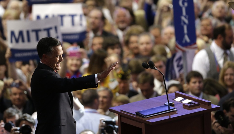 Presidential nominee Mitt Romney acknowledges delegates before speaking Thursday at the Republican National Convention in Tampa, Fla.