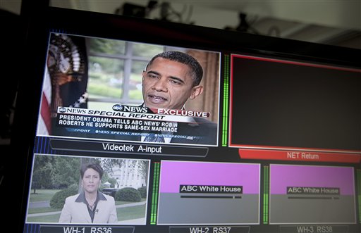 FILE - In this May 9, 2012, file photo President Barack Obama is seen on a White House television in Washington during an interview with ABC News where he said he supports gay marriage. Voters in this presidential election may face the starkest choice ever on the hot-button social issues of same-sex marriage, abortion rights and access to birth control. Most voters tell pollsters that the economy is their chief concern. But advocacy groups on the left and right are in high gear _ with bus tours, YouTube videos and fundraising _ pointing out the sharp differences between the parties in the current phase of the culture wars. The upcoming conventions will highlight the contrasts between the parties on abortion and other issues. (AP Photo/Carolyn Kaster, File)