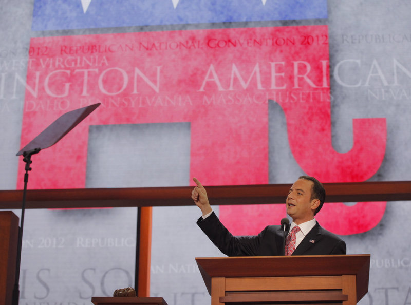 Reince Priebus, chairman of the Republican National Committee, speaks to delegates during an abbreviated session of the Republican National Convention in Tampa, Fla., on Monday.