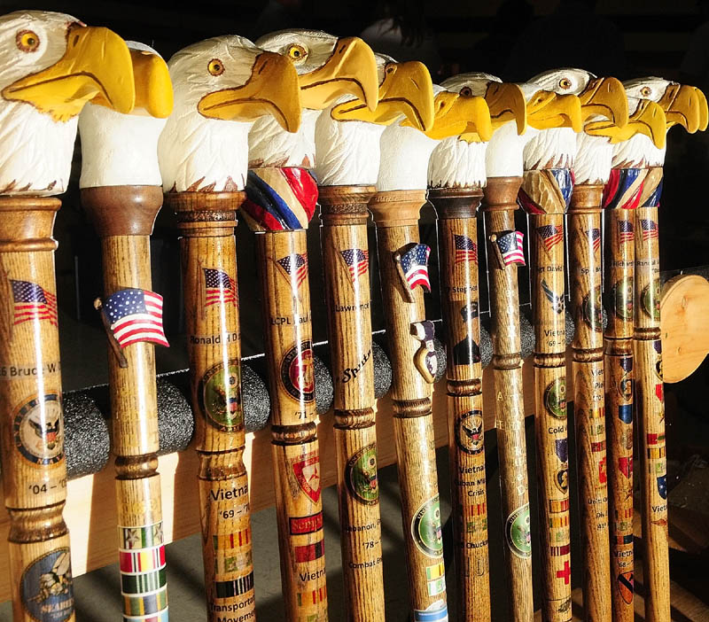 These are some of the eagle canes that will be presented to veterans today at the Downeast Woodcarving & Wildlife Art Show at the Augusta Armory.