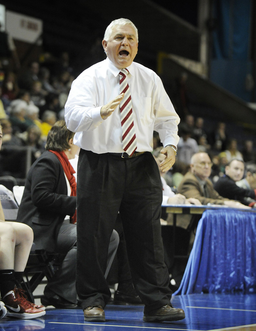 Scarborough coach Tom Maines reacts to the action during a girls Class A seminfinal game against Marshwood last February.