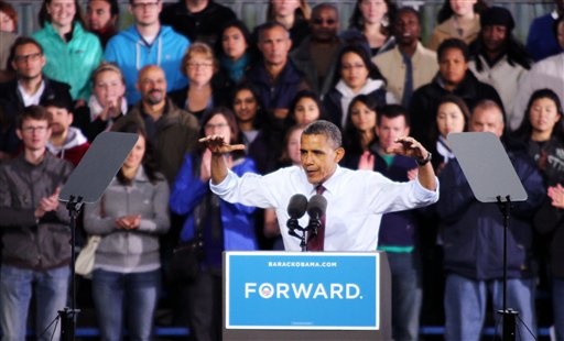 President Barak Obama addresses the crowd during a campaign stop in Milwaukee at the BMO Harris Pavilion on the Summerfest Grounds on Saturday afternoon, Sept. 22, 2012. (AP Photo/West Bend Daily News, John Ehlke) President Barack Obama;Democrats;Election 2012;President;Barack Obama