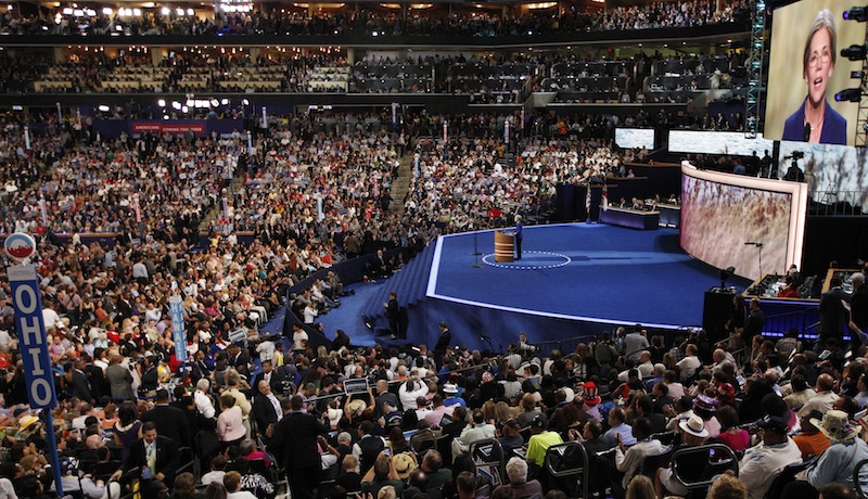 Senate candidate from Massachusetts Elizabeth Warren speaks to delegates at the Democratic National Convention in Charlotte, N.C., on Wednesday, Sept. 5, 2012. (AP Photo/Lynne Sladky)