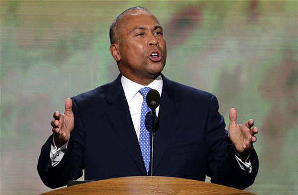 Massachusetts Gov. Deval Patrick addresses the Democratic National Convention in Charlotte, N.C., on Tuesday, Sept. 4, 2012. (AP Photo/J. Scott Applewhite)