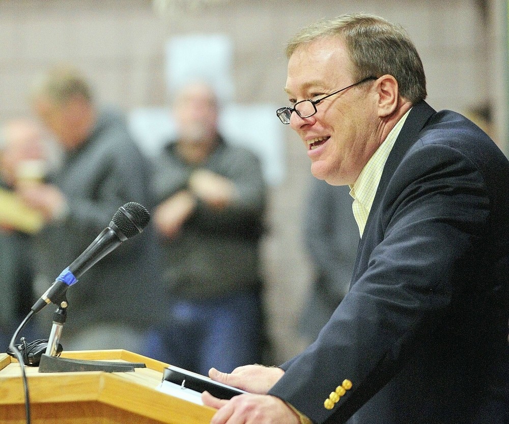 FILE PHOTO: Staff photo by Joe Phelan Senate President and second district congressional candidate Kevin Raye speaks during the Kennebec County Super Caucus at Farrington School in Augusta on Saturday.