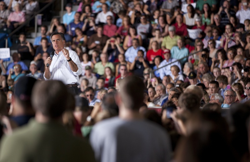 Republican presidential candidate, former Massachusetts Gov. Mitt Romney speaks during a campaign rally on Friday, Sept. 7, 2012 in Nashua, N.H. (AP Photo/Evan Vucci)