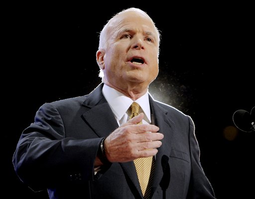 FILE - In this Sept. 4, 2008 file photo, Republican presidential candidate John McCain makes his acceptance speech during the Republican National Convention in St. Paul, Minn. Mitt Romney did not mention the war in Afghanistan, where 79,000 US troops are fighting, in his speech accepting the Republican presidential nomination on Thursday. The last time a Republican presidential nominee did not address war was 1952, when Dwight Eisenhower spoke generally about American power and spreading freedom around the world but did not explicitly mention armed conflict. Below are examples of how other Republican nominees have addressed the issue over the years, both in peacetime and in war. (AP Photo/Jae C. Hong, File)