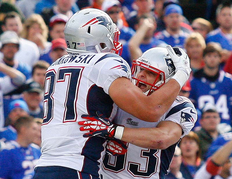 Rob Gronkowski celebrates his touchdown with Wes Welker against the Buffalo Bills during the second half Sunday Orchard Park, N.Y.