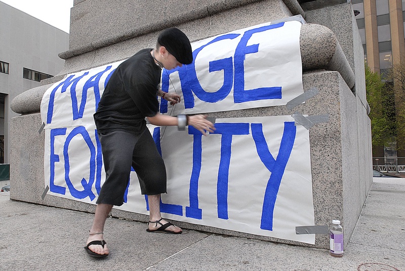 A Monument Square is prepared for a rally to celebrate the passage of Maine's short-lived same-sex marriage bill in 2009.