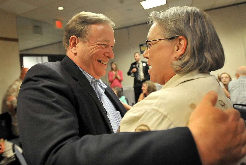 Kevin Raye is congratulated by a supporter as he wins the Republican nomination for the 2nd Congressional District. Raye got his start in politics through a letter he wrote to Olympia Snowe when he was 16.