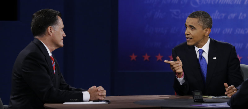 President Barack Obama and Republican nominee Mitt Romney square off during the third and final presidential debate Monday, Oct. 23, 2012.