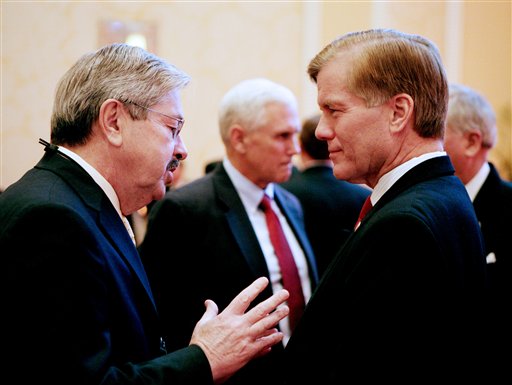 Iowa Gov. Terry Branstad, left, speaks with Virginia Gov. Bob McDonnell prior to a panel discussion during the 2012 RGA Annual Conference at Encore hotel-casino Thursday, Nov. 15, 2012, in Las Vegas. (AP Photo/Ronda Churchill)