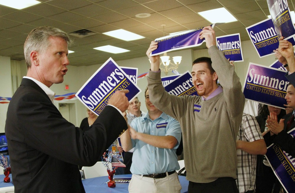 Staff photo by Derek Davis: Maine Military Museum, the headquarters for Republican Senate candidate Charlie Summers. Summers celebrates with his supporters. Photographed on Tuesday, June 12, 2012.