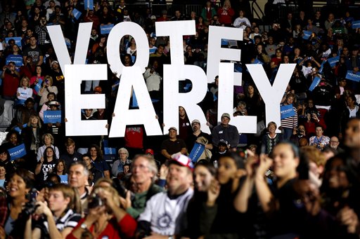 FILE - This Oct. 29, 2012 file photo shows a"Vote Early" sign as former President Bill Clinton spoke at a President Barack Obama campaign rally in Youngstown, Ohio. Stock up on munchies and make sure the batteries in your TV remote are fresh. With this year's presidential election razor-close to the finish, Tuesday could be a long night. Even if the presidency isn't decided until after midnight EST, there will be plenty of clues early in the evening on how things are going for President Barack Obama and Republican Mitt Romney. Obama has more options for piecing the 270 electoral votes needed for victory, so any early setbacks for Romney could be important portents of how the night will end. (AP Photo/Matt Rourke, File)