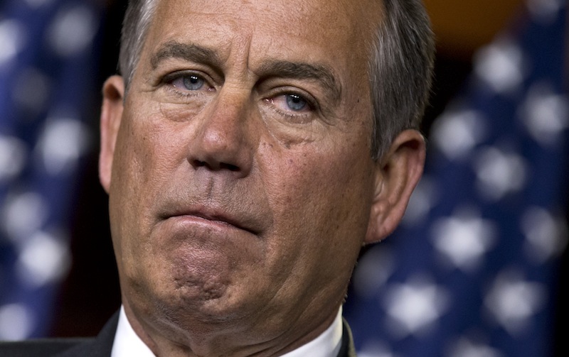 Speaker of the House John Boehner, R-Ohio, speaks to reporters after private talks with Treasury Secretary Timothy Geithner on the fiscal cliff negotiations, at the Capitol in Washington, Thursday, Nov. 29, 2012. "No substantive progress has been made between the White House and the House" in the past two weeks, Boehner said. The “fiscal cliff” is a combination of tax increases and spending cuts worth about $670 billion that will take effect at the start of next year unless Congress and the White House agree to postpone or replace them. (AP Photo/J. Scott Applewhite)