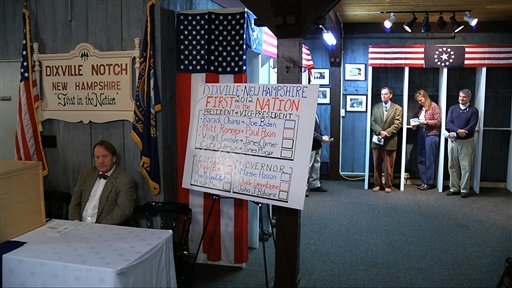 In this still frame made from video, voters wait to vote in Dixville Notch, N.H., shortly before midnight Monday, Nov. 5, 2012, to be the first Election Day votes in the nation. After 43 seconds of voting, President Barack Obama and Republican Mitt Romney each had 5 votes in Dixville Notch. (AP Photo/APTN)