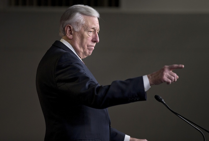 House Minority Whip Rep. Steny Hoyer of Md. gestures during a news conference in Washington, Capitol Hill, Thursday, Dec. 27, 2012, where he urged House Republicans to end the pro forma session and call the House back into legislative session to negotiate a solution to the fiscal cliff. (AP Photo/ Evan Vucci)