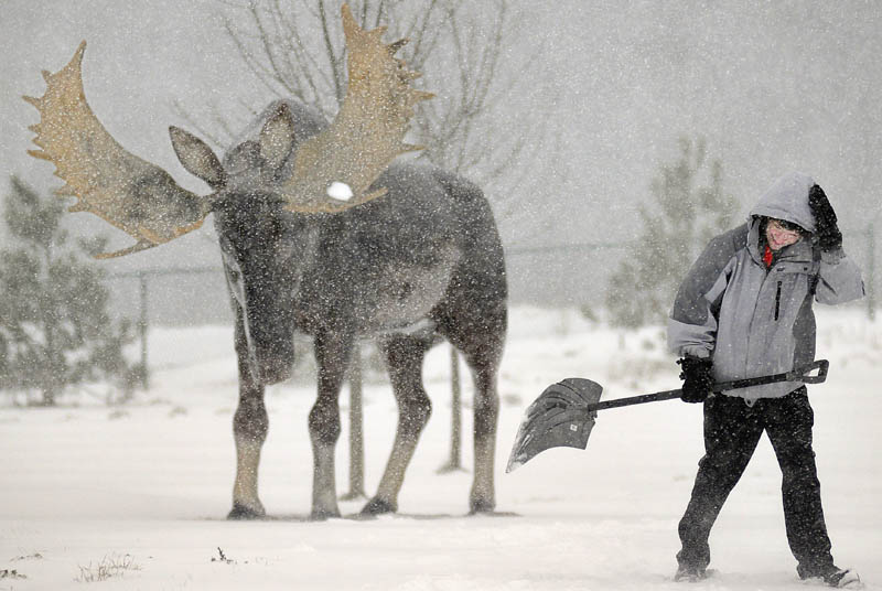 Aaron Richards dashes to the next spot to shovel Thursday December 27, 2012 while cleaning up snow at the West Gardiner Service Plaza and Rest Area. Workers were digging Maine Turnpike travelers out of a foot snow at the plaza, which is adorned with several sculptures, including moose and bear. "I should have a face mask," Richards said of shoveling in the high winds.