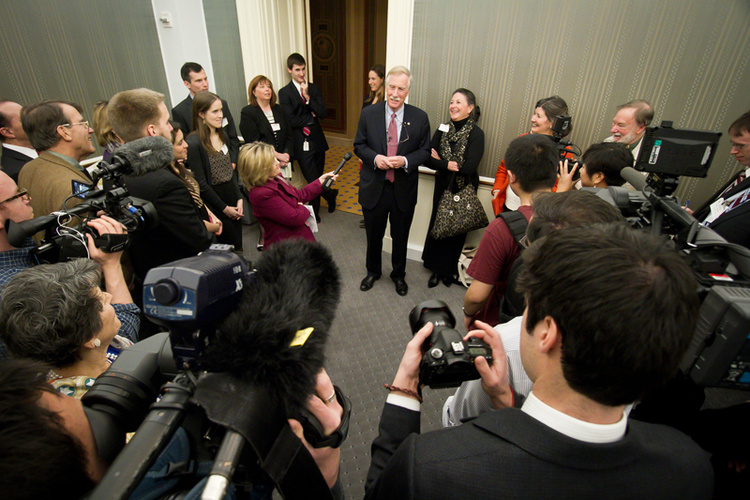 Sen. Angus King of Maine greets his supporters and family during a reception celebrating his official swearing-in ceremony at the Capitol on Thursday.