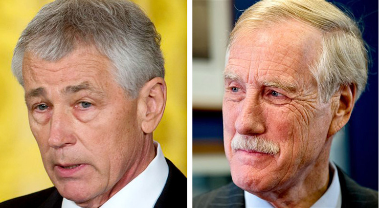 Former Sen. Chuck Hagel, left, and Maine Sen. Angus King