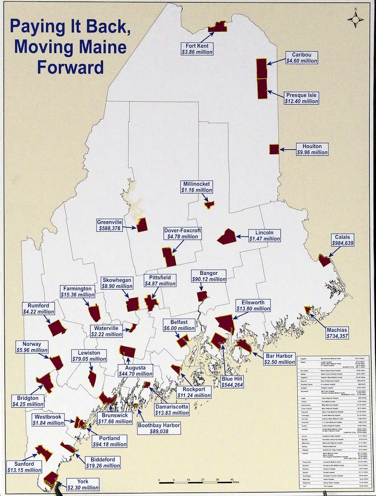 Gabe Souza/Staff Photographer: This graphs shows the debt owed by the State of Maine to hospitals throughout the state, seen at a press conference held by Gov. Paul LePage at the University of New England's College of Dental Medicine Patient Care Center Building, Tuesday, January 15, 2013. LePage's proposal is to use future liquor sale revenues as security against a bond that would pay the state's share of the hospital debt.