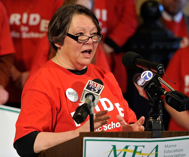 Lois Kilby-Chesley, president of Maine Education Association and a teacher on leave from the Freeport schools, also speaks in support of the bill at the pre-hearing rally.