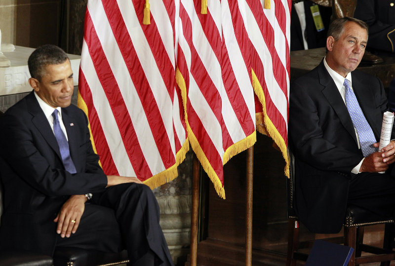 President Obama and House Speaker John Boehner talked briefly about the budget impasse Wednesday – to no avail – at the unveiling of a statue in honor of civil rights icon Rosa Parks in the U.S. Capitol.