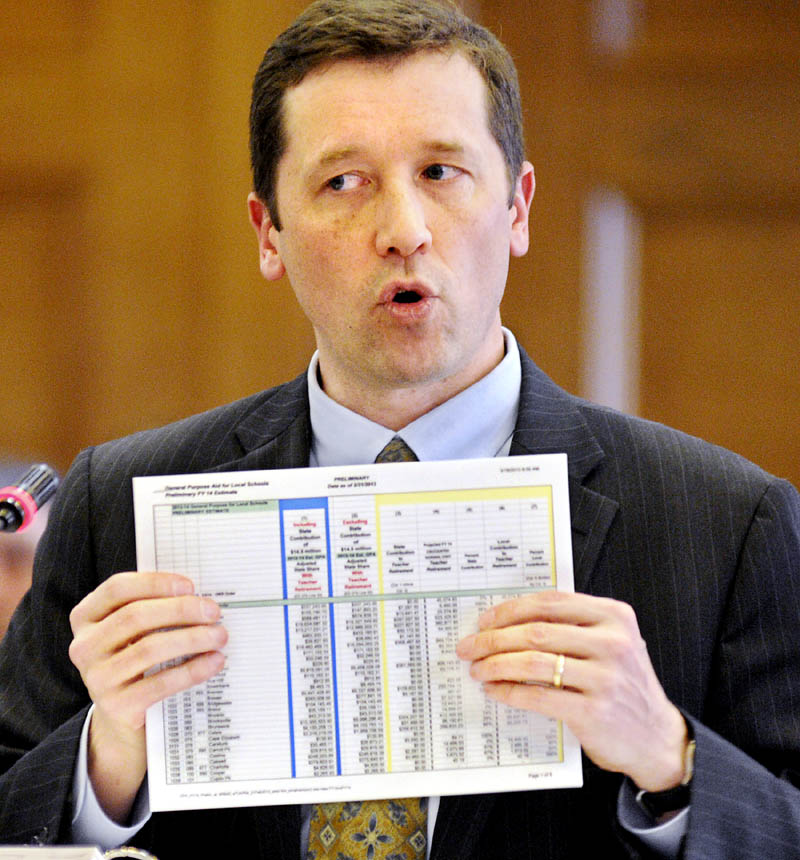 Maine Commissioner of Education Stephen Bowen presents the projected state subsidies for school districts on Monday, during a hearing of the Legislature's Appropriations and Education committees in Augusta.