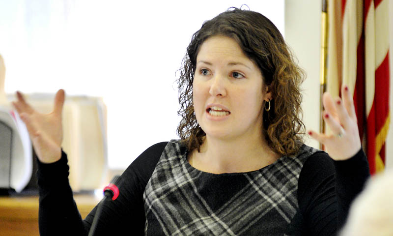 Sen. Emily Cain, D-Orono, asks Maine Commissioner of Education Stephen Bowen questions about projected state subsidies for school districts on Monday.