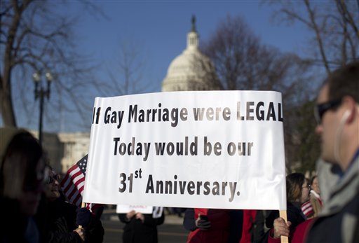 With the Capitol in the background, supporters of gay marriage carry signs in front of the Supreme Court on Wednesday, before the court began hearing arguments on a constitutional challenge to the law that prevents legally married gay Americans from collecting federal benefits generally available to straight married couples.