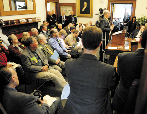 Rep. Paul McGowan, D-York, testifies about L.D. 345 in a crowded hearing before the Judiciary Committee Tuesday at the State House in Augusta.