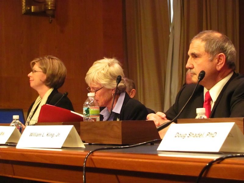 Two daughters of Jamaican lottery scam victims – Kim Nichols of Hermon, Maine, left, and Sonia Ellis of Canada – as well as Chief Deputy Sheriff William King of the York County Sheriff’s Office prepare to testify on Wednesday to the Senate Special Committee on Aging on Wednesday, March 13, 2013.