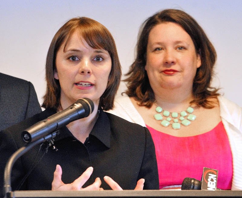 Shenna Bellows, executive director, ACLU of Maine, left, and Rep. Diane Russell (D-Portland) spoke at a news conference about LD 1229 on Friday before a hearing of The Joint Standing Committee on Criminal Justice and Public Safety at the State House in Augusta.