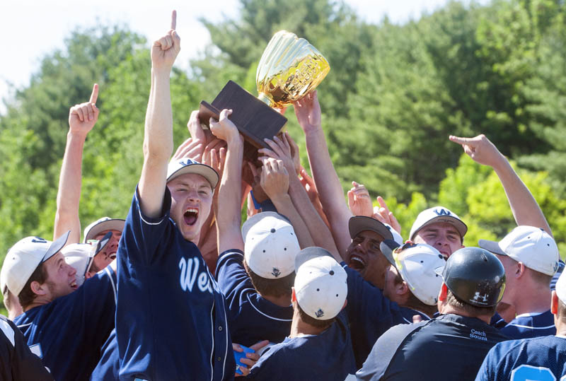 The Westbrook baseball team celebrates after beating Messalonskee 2-0 to win the Class A state championship Saturday at Morton Field in Augusta.