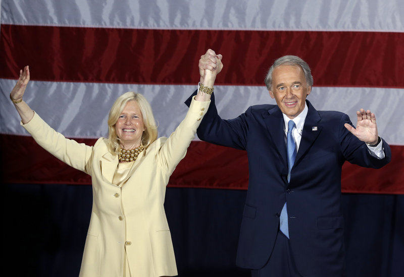 Democratic U.S. Rep. Edward Markey, with wife Dr. Susan Blumenthal, takes the stage to celebrate his victory in the Massachusetts special election for the U.S. Senate at his campaign party Tuesday, June 25, 2013, in Boston. Markey defeated Republican candidate Gabriel Gomez for the Senate seat vacated by Secretary of State John Kerry. (AP Photo/Elise Amendola)