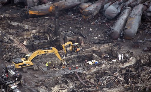 Workers comb through the debris Tuesday, July 9, 2013 in Lac-Magantic, Quebec. A fiery oil train derailment caused explosions and fires that devasted the town. (AP Photo/The Canadian Press, Paul Chiasson)