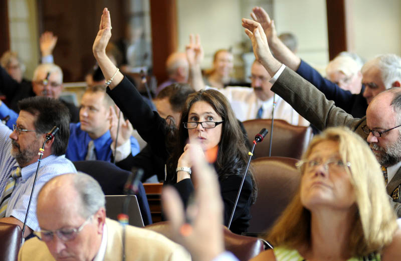 Rep. Deb Sanderson, R-Chelsea, center, raises her arm, along with other legislators, during a vote in the House of Representatives Tuesday.