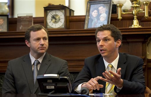 Senate President Justin Alfond, D-Portland, right, and House Speaker Mark Eves, D-North Berwick, speak to reporters after both the House and Senate voted to override Gov. Paul LePage's veto of the state budget on June 26 at the State House in Augusta. Maine Democrats won on the state's budget, but lost a number of other key battles in the first session of the 126th Legislature.