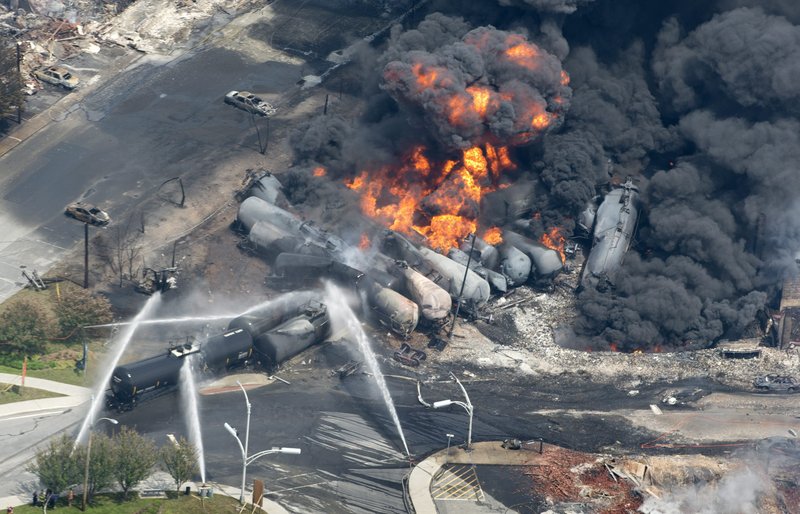 Smoke rises from railway cars that were carrying crude oil after derailing in downtown Lac Megantic, Quebec, Canada, Saturday, July 6, 2013. A large swath of Lac Megantic was destroyed Saturday after a train carrying crude oil derailed, sparking several explosions and forcing the evacuation of up to 1,000 people. (AP Photo/The Canadian Press, Paul Chiasson)