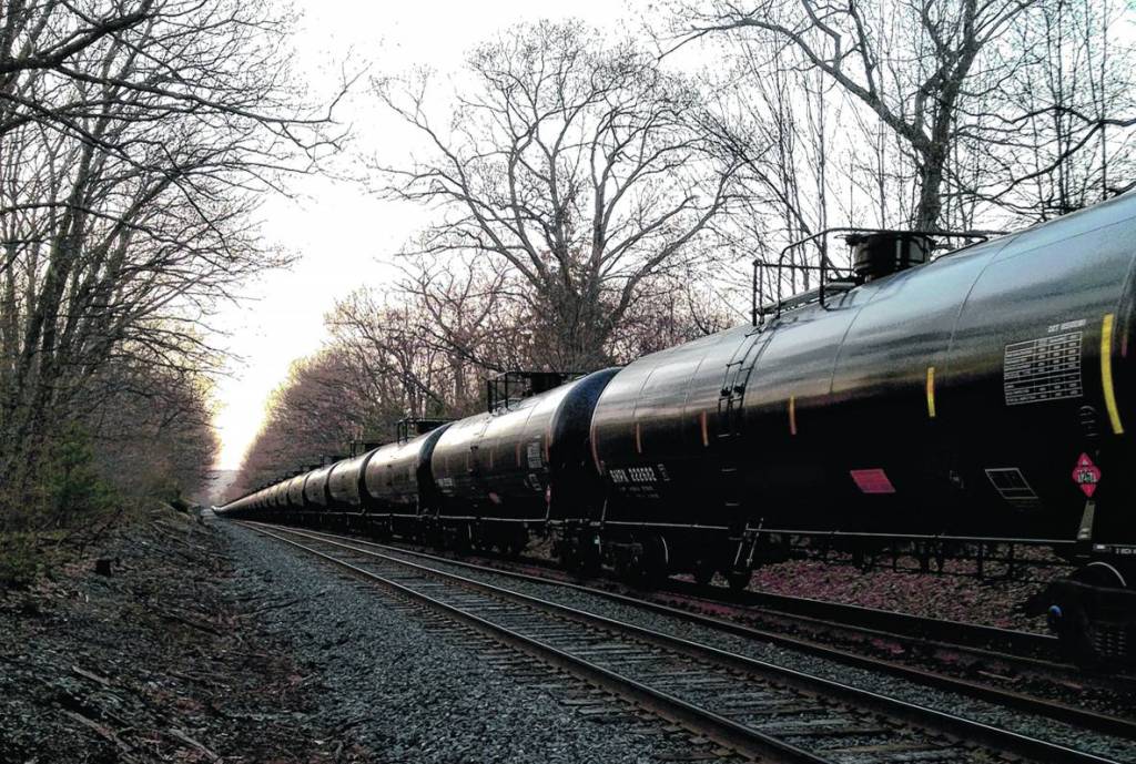 A Pan Am Railways train moves oil through Portland’s Riverton neighborhood in May.