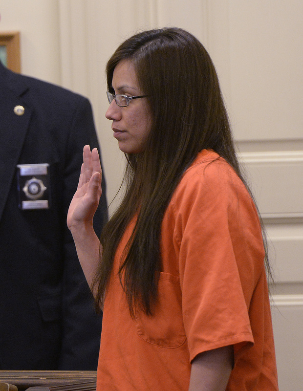 Alexis Wright is sworn in at York County Superior Court in Alfred on Thursday.